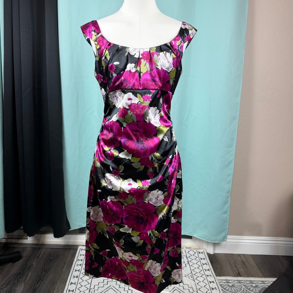 Maggy London Floral Sheath Dress Black Pink 10 Cocktail Autumn Wedding Guest